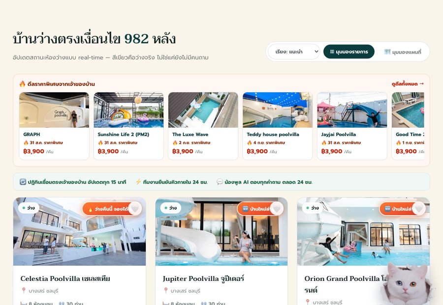 การ์ดบ้านพูลวิลล่าพร้อมรูป ราคา จำนวนห้องนอน และจำนวนผู้เข้าพัก